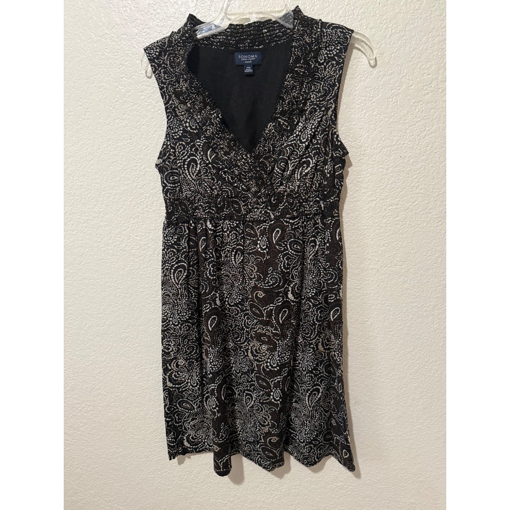 Sonoma Life + Style Petite Paisley Smocked Empire Waist Ruffle V-Neck Dress PM